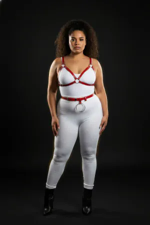 Plus Size Red Women's Leather Harness Set Ring Detailed Bra Belt Combination - APFT651