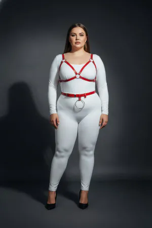 Plus Size Red Women's Leather Harness Set Ring Detailed Bra Belt Combination - APFT651