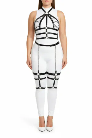 Plus Size Black Women's Harness Suit Chain Detailed Full Body Leather Accessory - APFT698