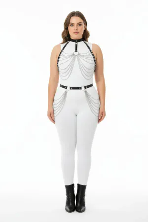 Plus Size Black Women's Harness Suit Chain Detailed Leather Fancy Accessory - APFT701
