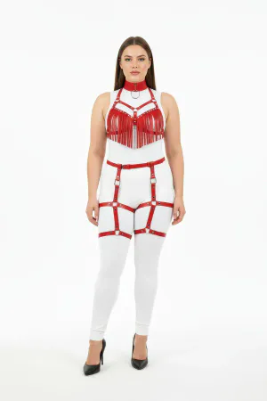 Plus Size Red Women's Leather Harness Suit with Tassel Detail and Garter - APFT715