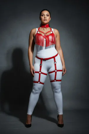 Plus Size Red Women's Leather Harness Suit with Tassel Detail and Garter - APFT715