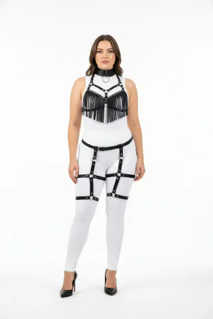 Plus Size Black Women's Harness Suit Tasseled Leather Look Garter Fancy Accessory - APFT715