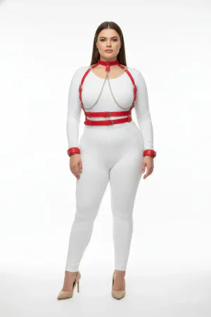 Plus Size Red Women's Leather Harness Suit Chain Detailed Fancy Accessory - APFT720