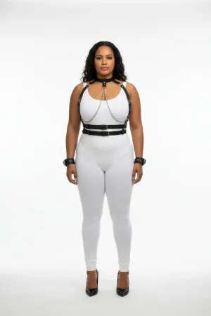 Plus Size Black Women's Leather Harness Suit Chain Detailed Fantasy Full Set - APFT720