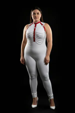 Plus Size Red Women's Harness Suit Chain Detailed Leather Body Accessory - APFT721