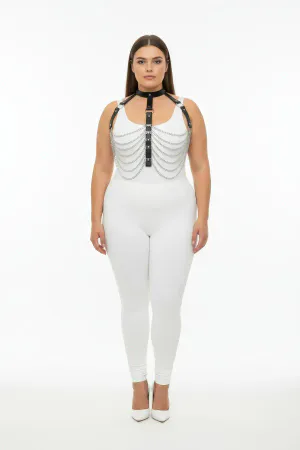Plus Size Black Women's Harness Set Leather Body Accessory with Chain and Ring Detail - APFT721