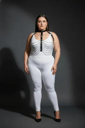 Plus Size Black Women's Harness Set Leather Body Accessory with Chain and Ring Detail - APFT721