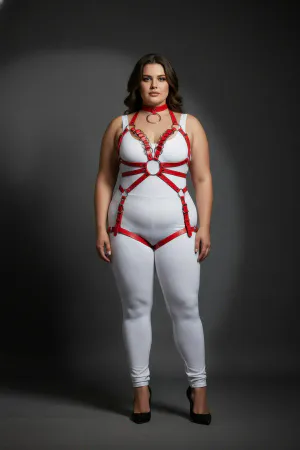 Plus Size Red Women's Leather Harness Set with Chain and Garter Detail - APFT781
