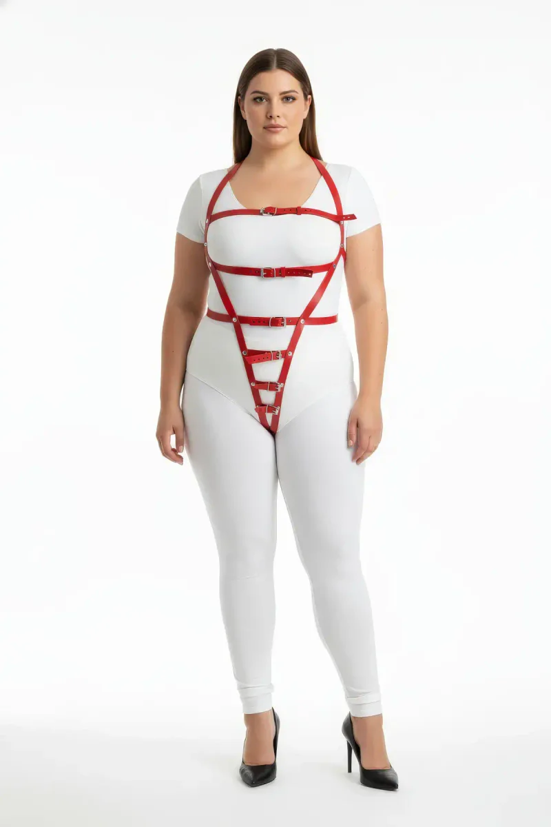 Adjustable Red Leather Body Harness for Women – Statement Piece