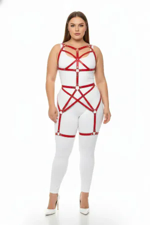 Plus Size Red Women's Harness Suit Full Body Leather Fancy Accessory - APFT894