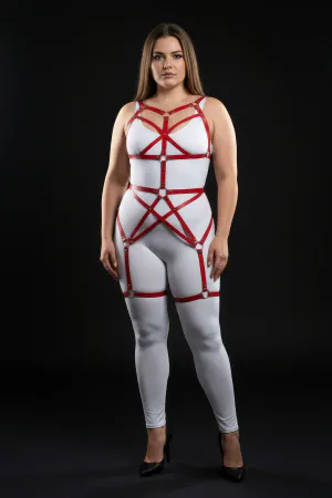 Plus Size Red Women's Harness Suit Full Body Leather Fancy Accessory - APFT894