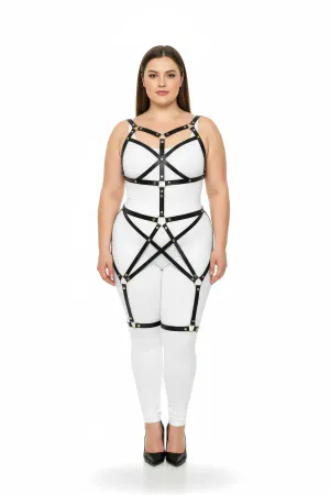 Plus Size Black Women's Full Body Leather Harness Suit Metal Detailed Body Accessory - APFT894