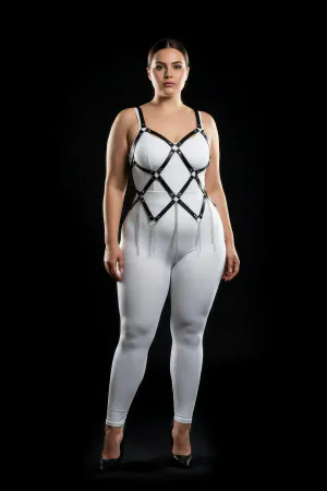 Plus Size Black Women's Harness Suit with Chain Detail, Striking Design - APFT950