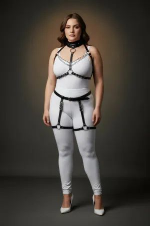 Plus Size Black Women's Leather Harness Suit with Chain and Ring Detail and Garter - APFT1081