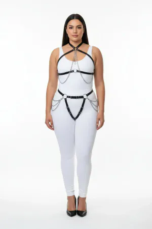 Plus Size Black Women's Harness Suit Chain Detailed Leather Body Accessory - APFT1084