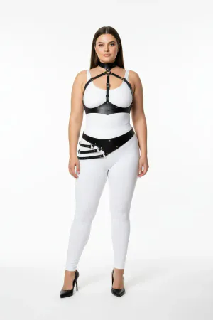 Plus Size Black Women's Leather Harness Suit Body Belt Detailed Fancy Accessory - APFT1139