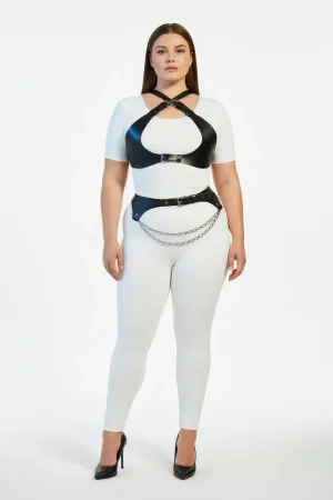 Plus Size Black Women's Harness Suit Chain Detailed Leather Look Accessory - APFT1164
