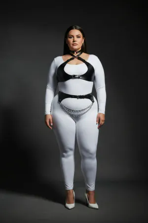 Plus Size Black Women's Harness Suit Chain Detailed Leather Look Accessory - APFT1164