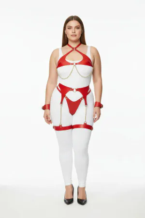 Plus Size Red Women's Leather Harness Suit with Chain Detail and Garter - APFT1219