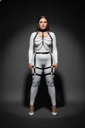 Plus Size Black Women's Harness Suit Chain Detailed Garter Leather Set - APFT1262