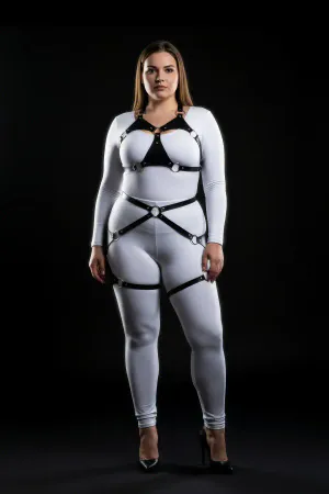 Plus Size Black Women's Leather Harness Set with Ring Detail and Garter - APFT1272