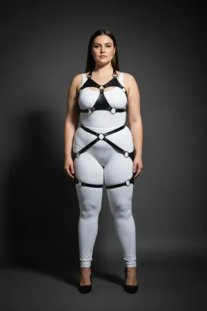 Plus Size Black Women's Leather Harness Set with Ring Detail and Garter - APFT1272