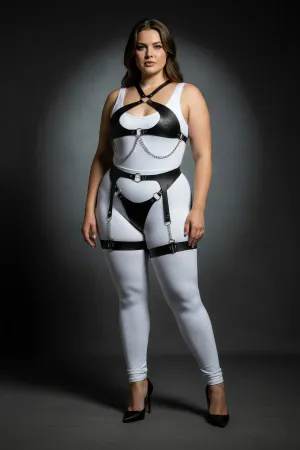 Plus Size Black Women's Harness Suit with Chain Detail Garter Body Accessory - APFT1330