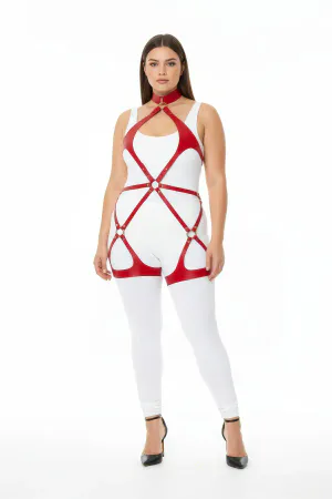 Plus Size Red Women's Leather Harness Set Fancy Body Accessory with Ring Detail - APFT1331