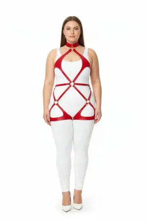 Plus Size Red Women's Leather Harness Set Fancy Body Accessory with Ring Detail - APFT1331