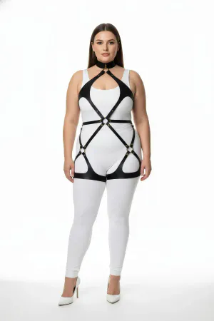 Plus Size Black Women's Leather Full Body Harness Suit Casual and Fancy Combination Accessory - APFT1331