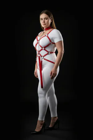 Plus Size Red Women's Leather Harness Suit Chain Detailed Fancy Accessory - APFT1350