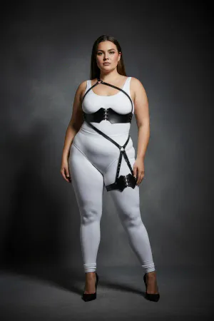 Plus Size Black Women's Harness Suit with Full Body Corset Detail - APFT1372