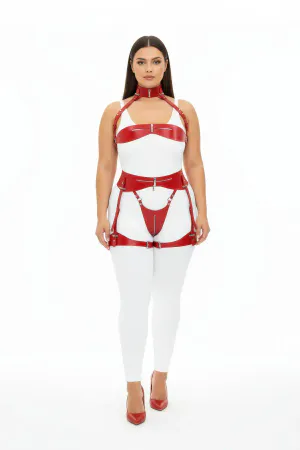 Plus Size Red Women's Leather Harness Set with Garter Fancy Accessory - APFT1373