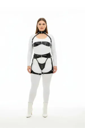 Plus Size Black Women's Leather Harness Suit with Garter Fancy Body Accessory - APFT1373