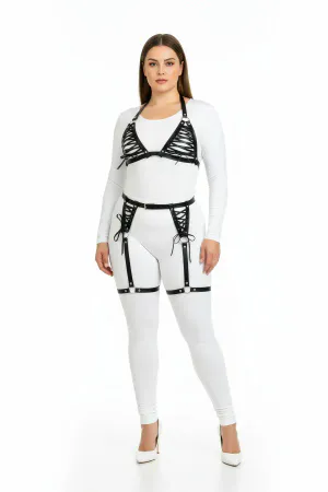 Plus Size Black Women's Leather Harness Set with Garter and Lace Fancy Combination - APFT1389