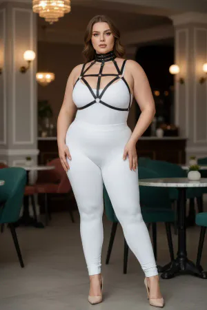 Plus Size Black Women's Harness Suit with Elastic Neck Detail Fancy Accessory - APFT118