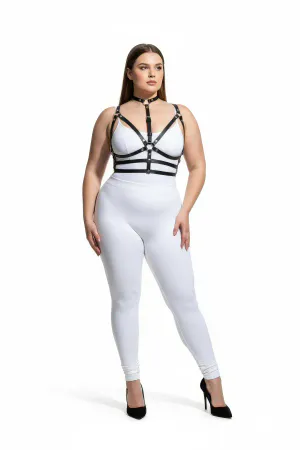 Plus Size Black Women's Leather Harness Suit with Neck Collar and Ring Detail - APFT235