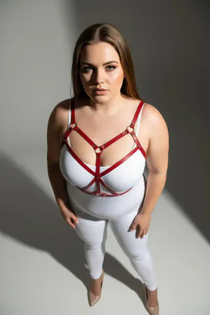 Large Size Red Women's Leather Harness Suit Cross Strap Aesthetic Body Accessory - APFT247