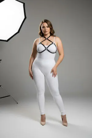 Large Size Black Women's Harness Ring Detailed Leather Chest Accessory - APFT263