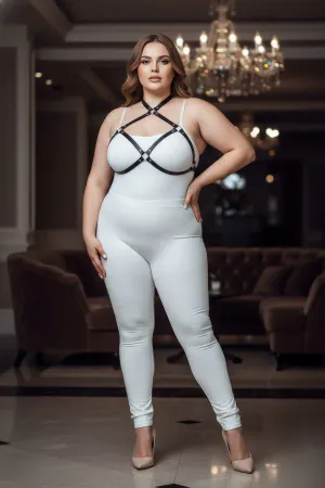 Large Size Black Women's Harness Ring Detailed Leather Chest Accessory - APFT263