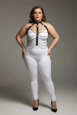 Plus Size Black Women's Chain Detailed Leather Harness Suit Fancy Accessory - APFT304