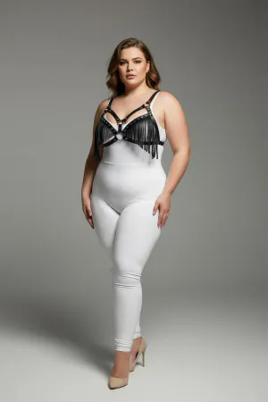 Plus Size Black Women's Harness Set Tassel Detailed Leather Bra Accessory - APFT418