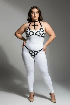 Plus Size Black Women's Leather Harness Set with Ring Detail Stylish Design - APFT464