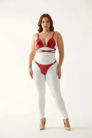 Plus Size Red Women's Harness Suit with Sexy Leather Staple Detail - APFT849