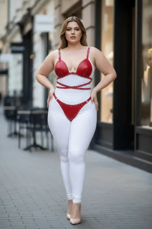 Plus Size Red Women's Harness Suit with Sexy Leather Staple Detail - APFT849
