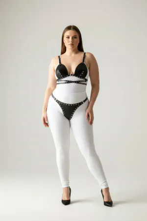 Plus Size Black Women's Harness Set Leather Fancy with Staple Detail - APFT849