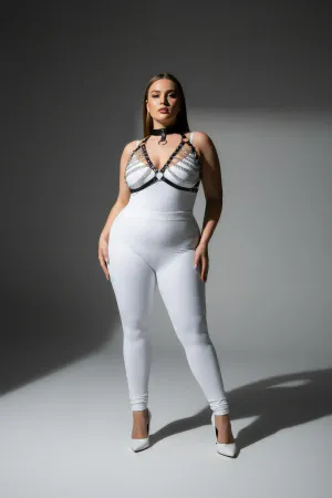 Plus Size Black Women's Harness Suit Chain Detailed Leather Body Accessory - APFT945