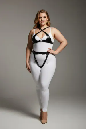 Plus Size Black Women's Leather Harness Set with Garter Detail - APFT1130