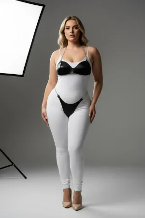 Plus Size Black Women's Harness Suit with Chain Detail and Fancy Leather Look - APFT1169